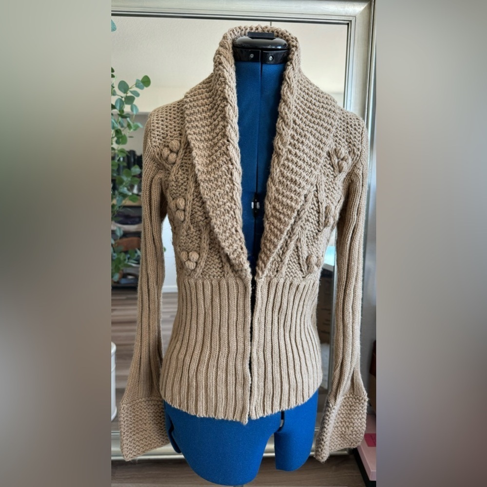 Vintage 90s Y2K Arden B. Light Brown Chunky Knit Wool Blend Cardigan Sweater S